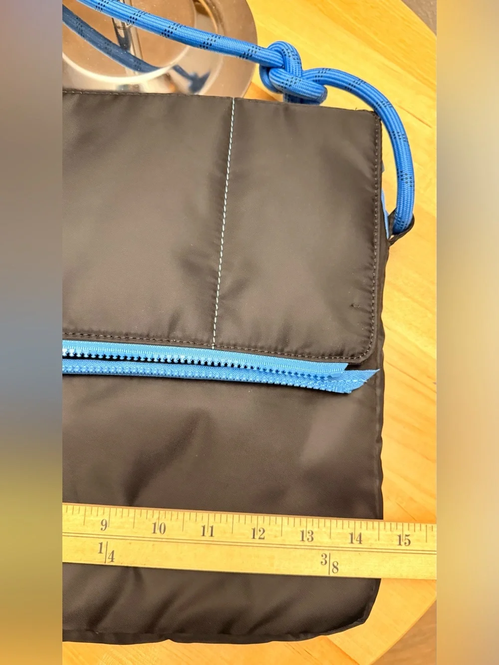 Black Messenger Bag for tablet or laptop with blue rope style shoulder strap